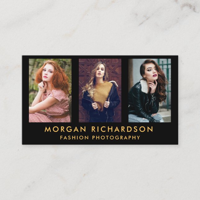 3 Photo Modern Photographer Black and Gold Business Card (Front)