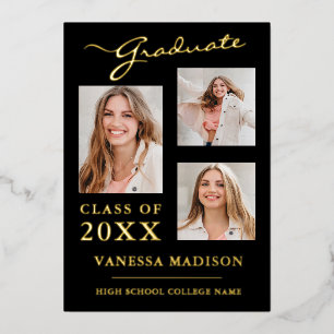 3 Photo Modern Script Black Gold Grad Announcement