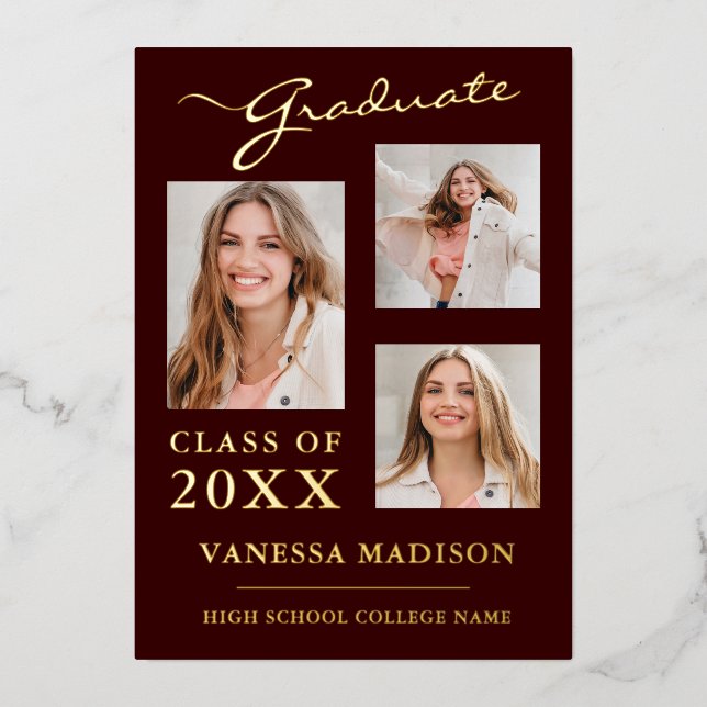 3 Photo Modern Script Burgundy Grad Announcement (Front)