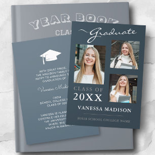 3 photo Modern Script Dusty Blue Graduation Announcement