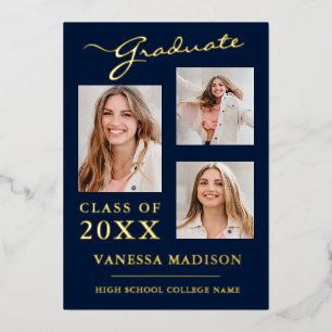 3 Photo Modern Script Navy Blue Grad Announcement