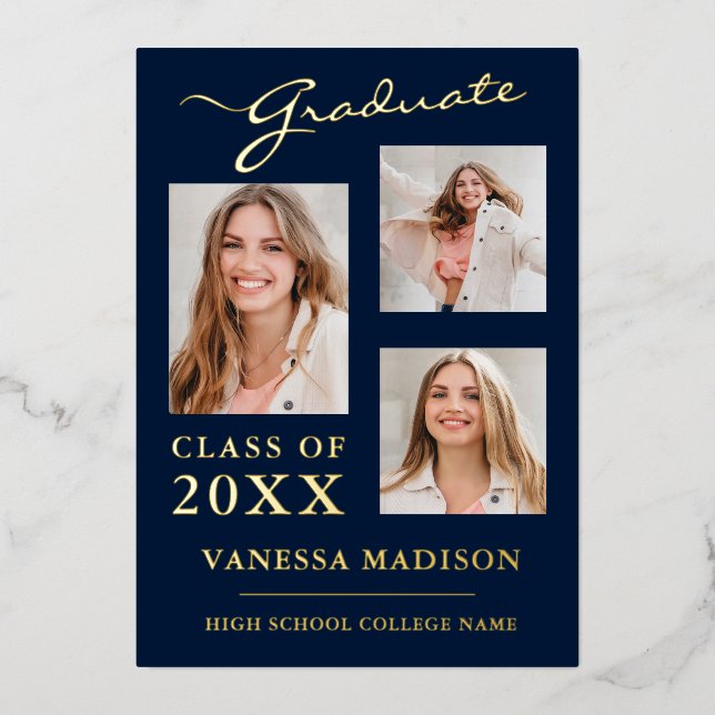 3 Photo Modern Script Navy Blue Grad Announcement (Front)