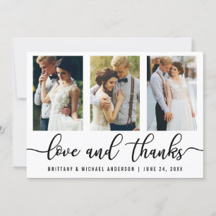 3 Photo Modern Wedding Love and Thanks Thank You Card