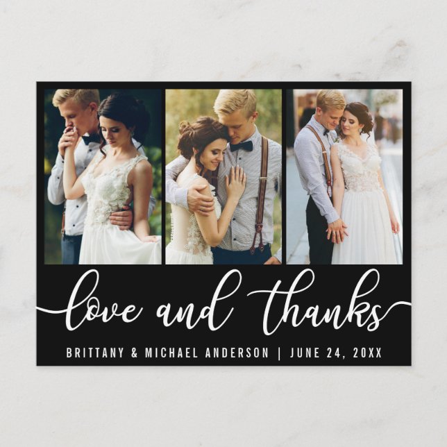 3 Photo Modern Wedding Love Thanks White Script Postcard (Front)