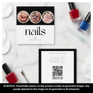 3 Photo Nails QR Code Socials Black And White Square Business Card