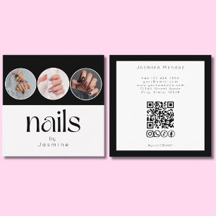 3 Photo Nails QR Code Socials Black And White Square Business Card