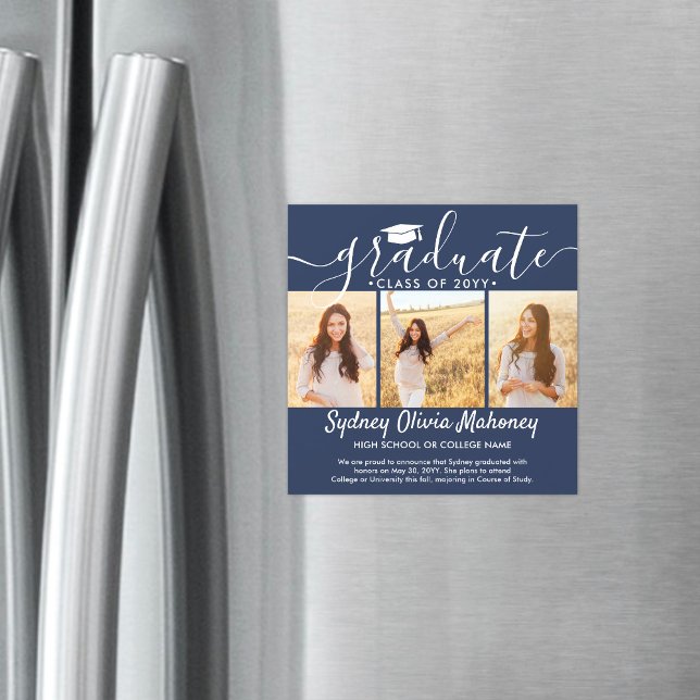 3 Photo Navy Blue Magnetic Graduation Announcement (Creator Uploaded)