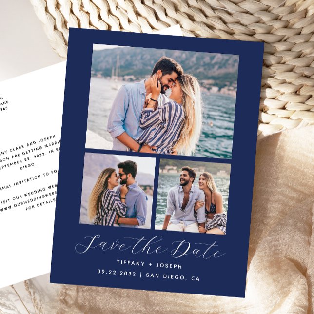 3 Photo Navy Blue Save the Date Postcard (Creator Uploaded)