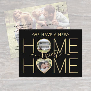 3 Photo New Home Sweet Home Modern Black and Gold Announcement Postcard