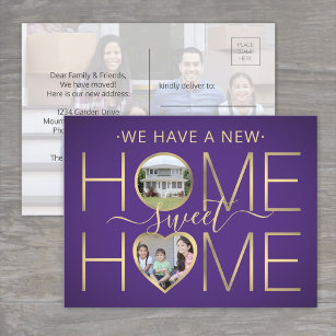3 Photo New Home Sweet Home Modern Purple and Gold Announcement Postcard