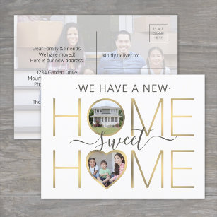 3 Photo New Home Sweet Home Modern White Gold Grey Announcement Postcard