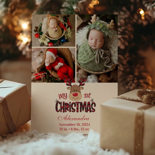 3 Photo Plaid Reindeer Baby First Christmas  Holiday Card (Creator Uploaded)