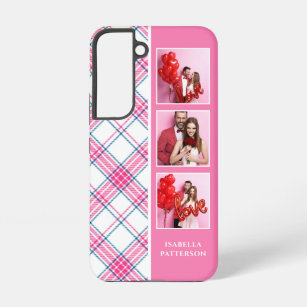 3 Photo Preppy Pink Plaid Modern Girly Custom Name Samsung Galaxy Case