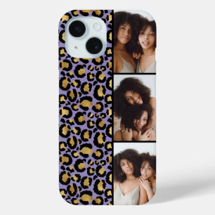 3 Photo Purple And Gold Leopard Print iPhone 15 Case