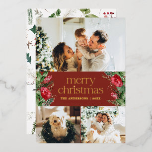 3 Photo Red Botanical Foliage Merry Christmas