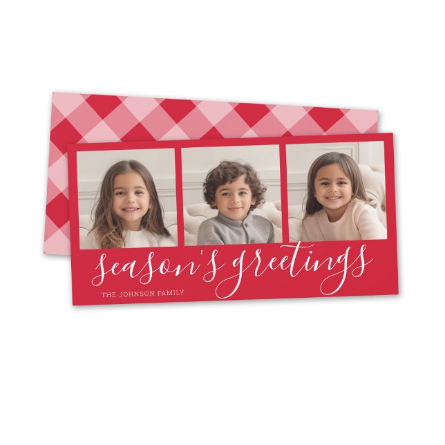 3 Photo - Red Calligraphy Plaid Seasons Greeting Holiday Card (3 Photo online Christmas card, minimal design, modern script, buffalo plaid)