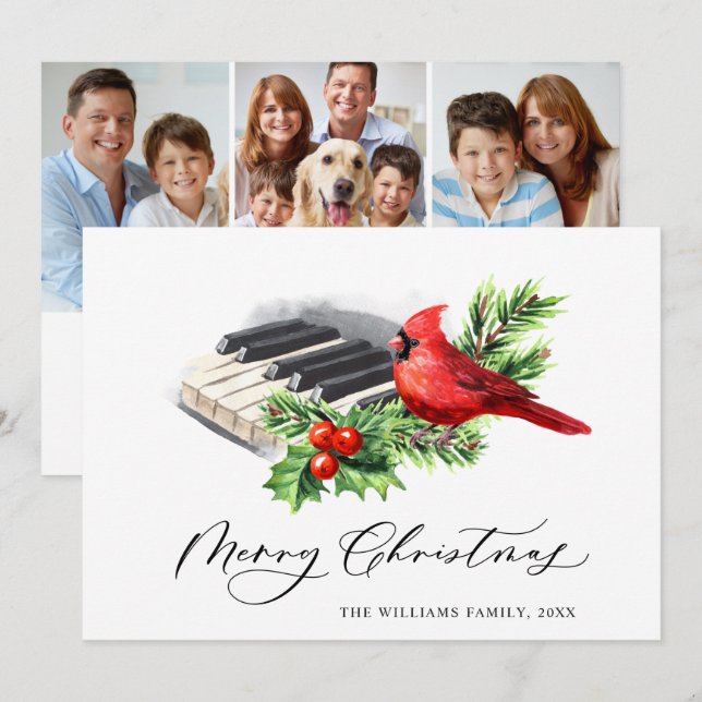 3 PHOTO Red Cardinal Holly Berry Christmas Holiday Card (Front/Back)