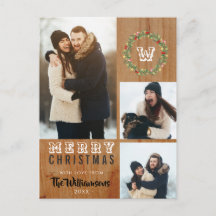 3 Photo Rustic Wood Christmas Holiday Greeting