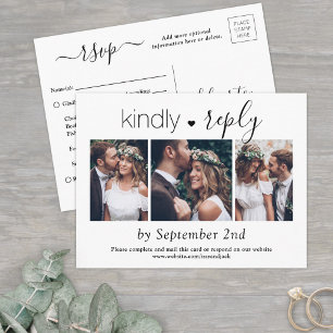 3 Photo Simple Script Elegant Wedding Kindly RSVP Invitation Postcard