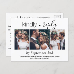3 Photo Simple Script Elegant Wedding Kindly RSVP Invitation Postcard