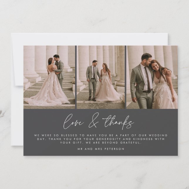 3 Photo Simple Script Wedding Thank You Card (Front)