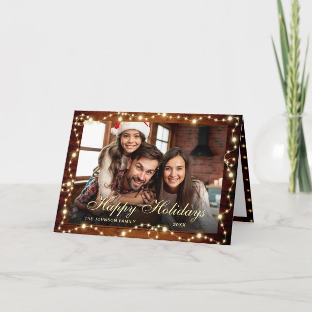 3 PHOTO Sparkle Christmas Lights Rustic Greeting Holiday Card (Front)