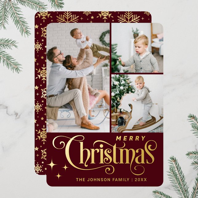 3 PHOTO Sparkle Merry Christmas Greeting Gold (Real foil print Christmas holiday greeting card.)