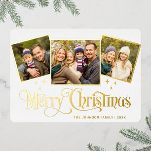 3 PHOTO Sparkle Merry Christmas Greeting Gold