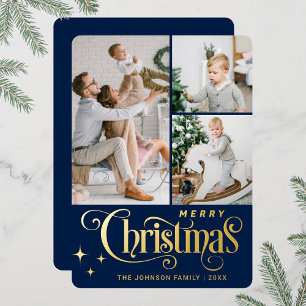 3 PHOTO Sparkle Merry Christmas Greeting Gold