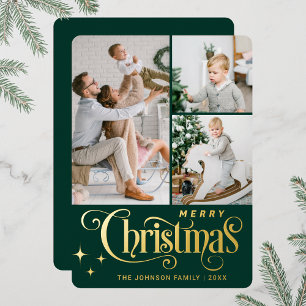 3 PHOTO Sparkle Merry Christmas Greeting Gold