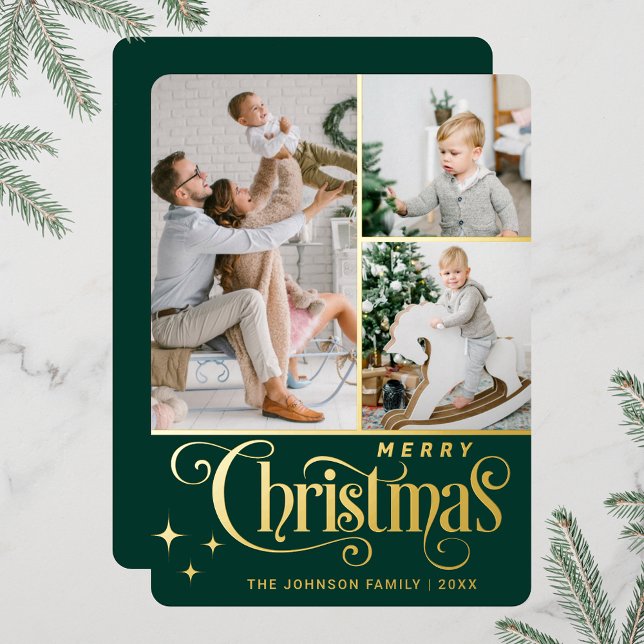 3 PHOTO Sparkle Merry Christmas Greeting Gold (Real foil print Christmas holiday greeting card.)