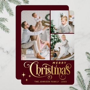 3 PHOTO Sparkle Merry Christmas Greeting Gold