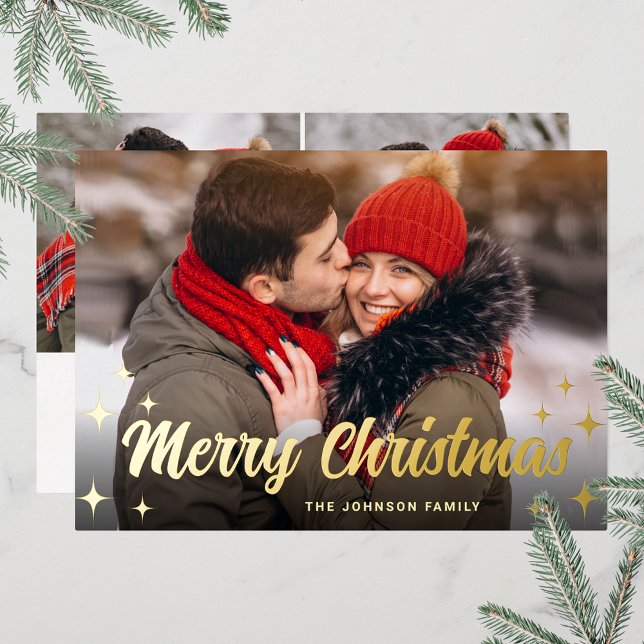 3 PHOTO Sparkle Merry Christmas Greeting Gold (Customizable Christmas holiday greeting photo card with real foil print.)
