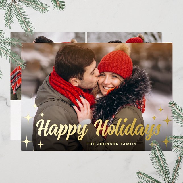 3 PHOTO Sparkle Merry Christmas Greeting Gold (Customizable Christmas holiday greeting photo card with real foil print.)