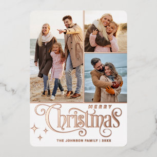 3 PHOTO Sparkle Merry Christmas Greeting Rose Gold