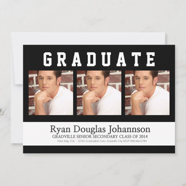 3 Photo Sporty Male Graduation Party Invitation (Front)