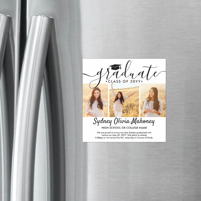 3 Photo Square Magnetic Graduation Announcement (Creator Uploaded)