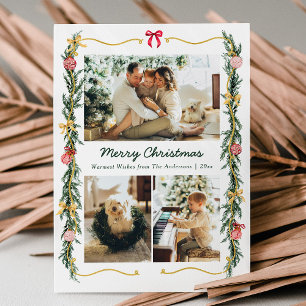 3 Photo Stylish Christmas Greenery & Bows Holiday Card