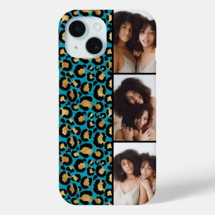 3 Photo Teal And Gold Leopard Print iPhone 15 Case