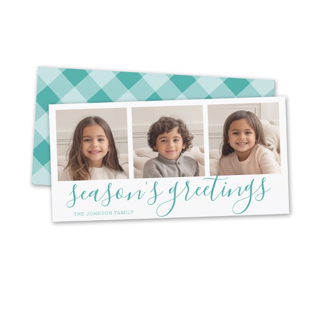 3 Photo - Teal Calligraphy Plaid Seasons Greeting Holiday Card (3 Photo online Christmas card, minimal design, modern script, buffalo plaid)