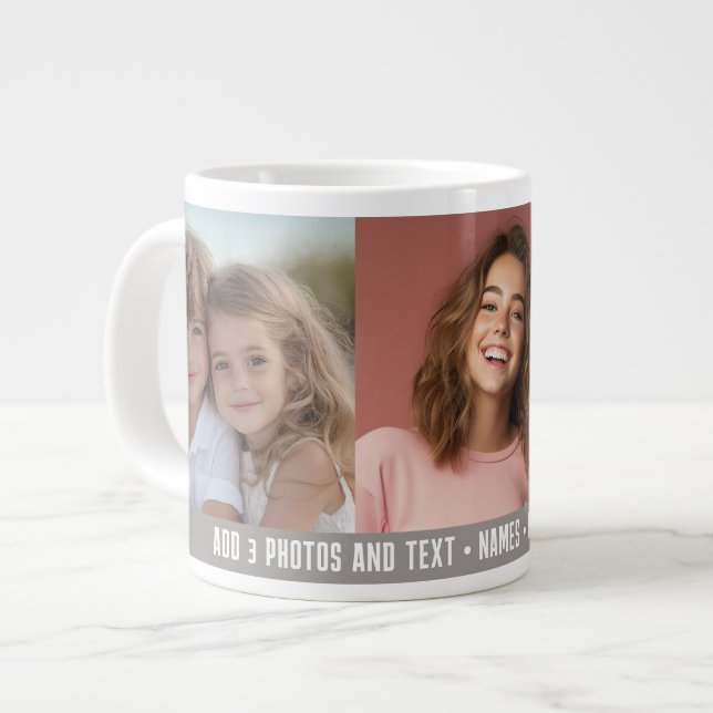 3 Photo Template Modern Minimal Text - taupe Large Coffee Mug (Front Left)