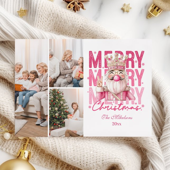 3 Photo Vintage Pink Nutcracker Christmas  Holiday Card (Creator Uploaded)