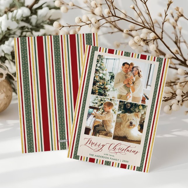 3 Photo Vintage Stripes Elegant Christmas Card (Creator Uploaded)
