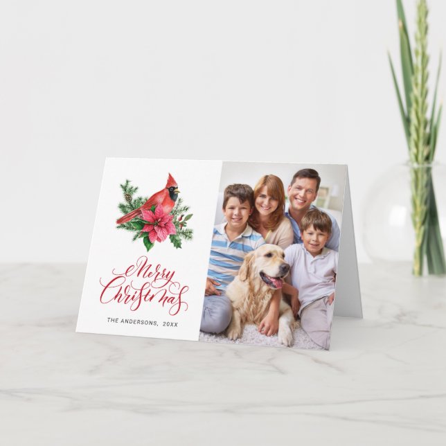3 PHOTO Watercolor Red Cardinal Christmas Greeting Holiday Card (Front)
