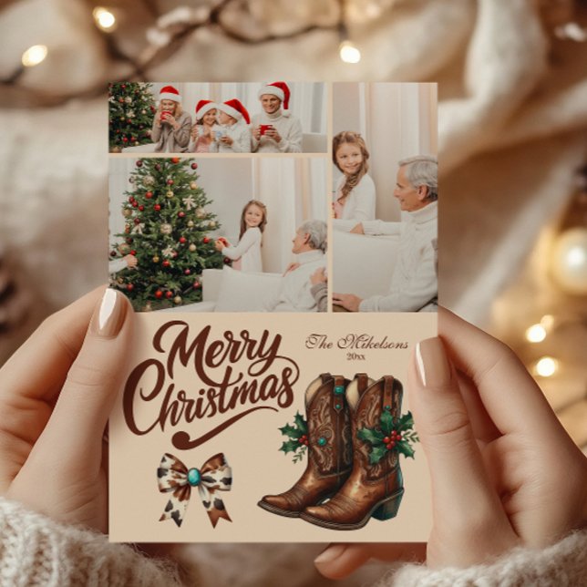 3 Photo Western Bow & Boots Christmas Holiday Card (Creator Uploaded)