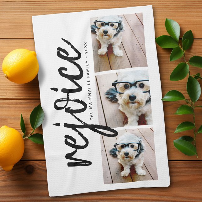 3 Photo with Modern Merry Christmas Rejoice Tea Towel (Add 3 photos - personalized kitchen towel)
