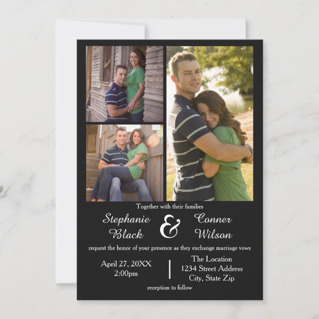 3 Photos Black - Wedding Invitation (Front)