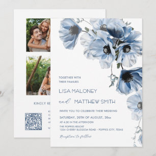 3 Photos Blue Flowers Wedding Invitation