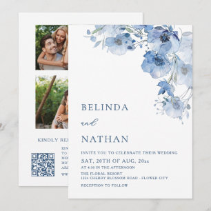 3 Photos Blue Watercolor Flowers Casual Wedding Invitation