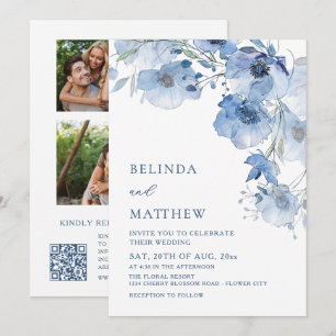 3 Photos Blue Watercolor Flowers Casual Wedding Invitation
